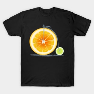 Vintage Orange Lime Bike with Retro Cycle Frame Look and Orange and Green Citrus Wheels, where you sit on Top of Orange T-Shirt